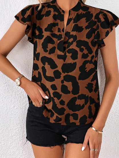 Leopard Print Split Neck Ruffle Sleeve Brown Blouse