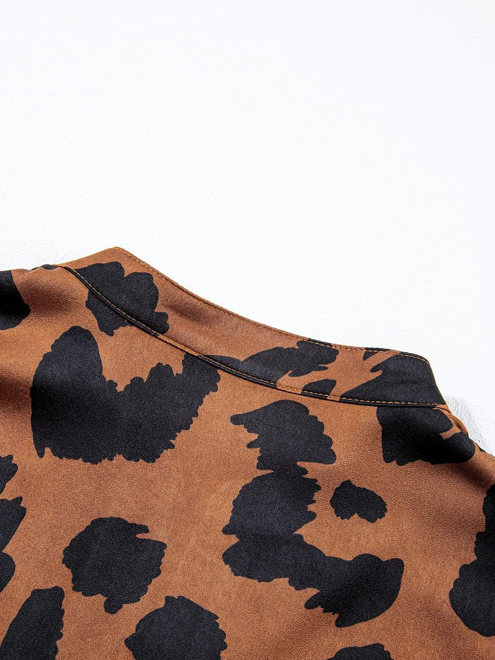 Leopard Print Split Neck Ruffle Sleeve Brown Blouse