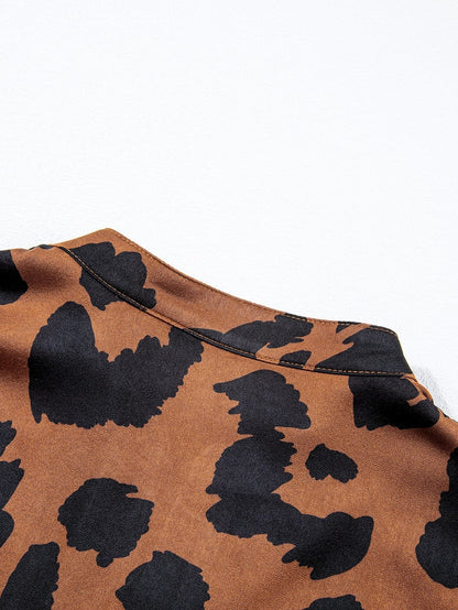 Leopard Print Split Neck Ruffle Sleeve Brown Blouse