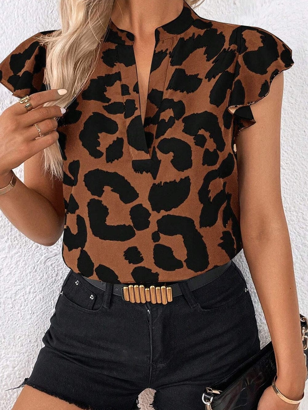 Leopard Print Split Neck Ruffle Sleeve Brown Blouse