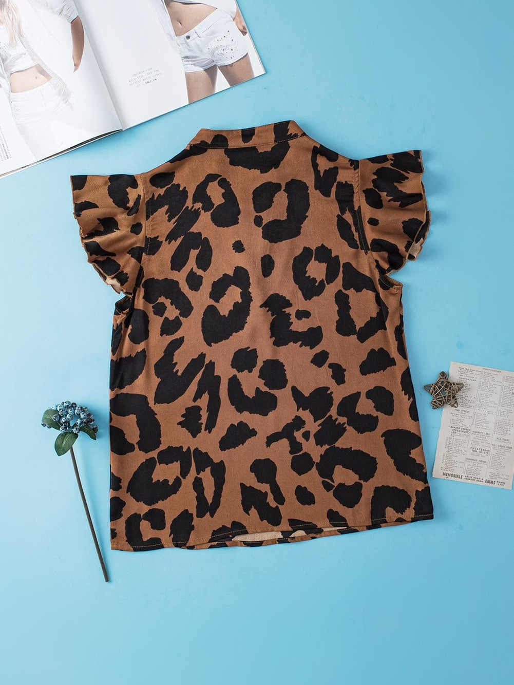 Leopard Print Split Neck Ruffle Sleeve Brown Blouse