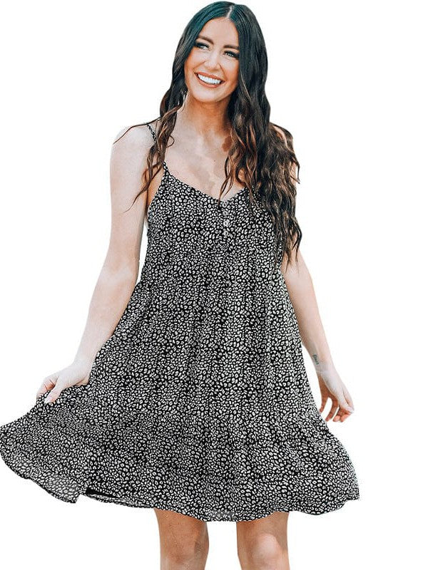 Leopard Print Suspender Dress with Sexy V-Neck and Button details