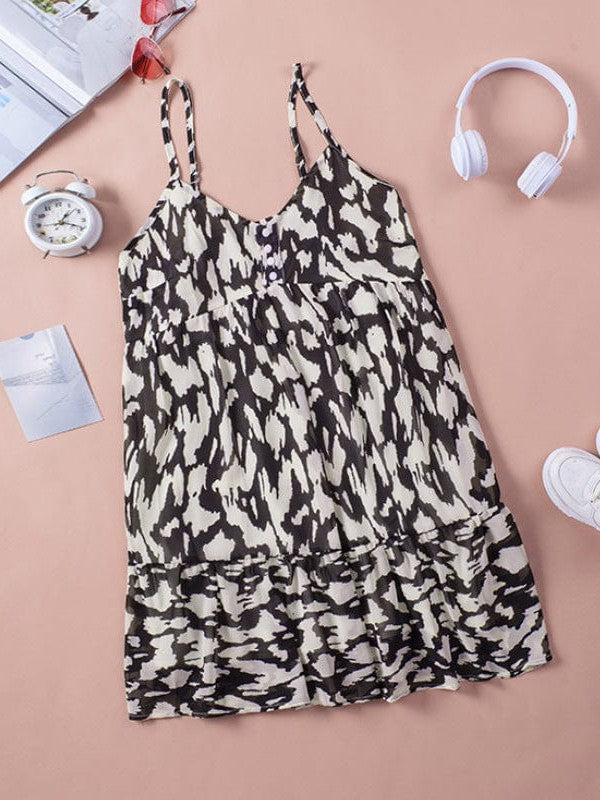 Leopard Print Suspender Dress with Sexy V-Neck and Button details