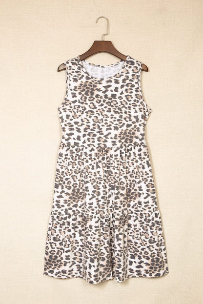 Leopard Print Tiered Ruffle Sleeveless Mini Dress