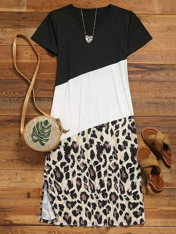 Leopard Print V-Neck Long Skirt Dress with Contrast Stitching