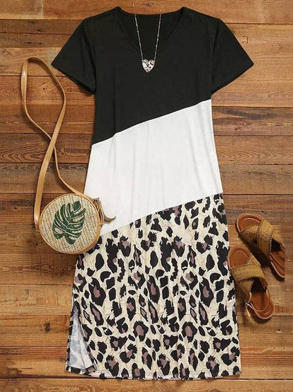 Leopard Print V-Neck Long Skirt Dress with Contrast Stitching