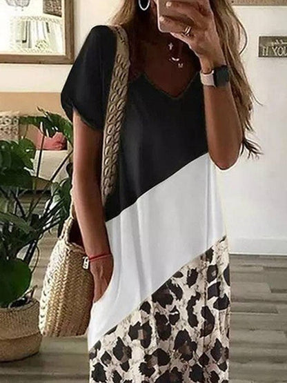 Leopard Print V-Neck Long Skirt Dress with Contrast Stitching