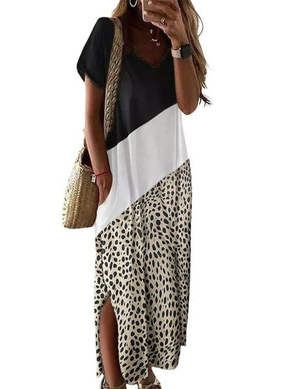 Leopard Print V-Neck Long Skirt Dress with Contrast Stitching