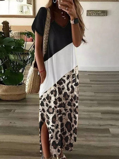 Leopard Print V-Neck Long Skirt Dress with Contrast Stitching