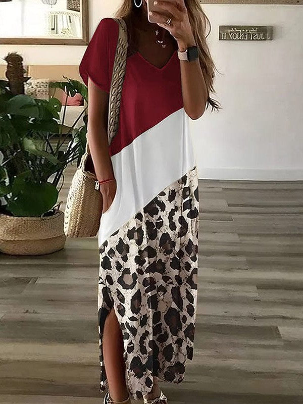 Leopard Print V-Neck Long Skirt Dress with Contrast Stitching