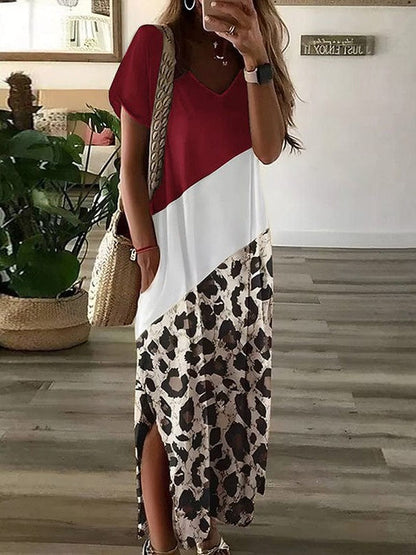 Leopard Print V-Neck Long Skirt Dress with Contrast Stitching