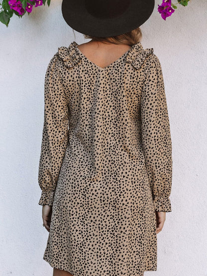 Leopard Print V-Neck Ruffle Trim Mini Dress