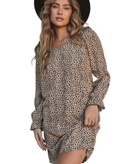 Leopard Print V-Neck Ruffle Trim Mini Dress