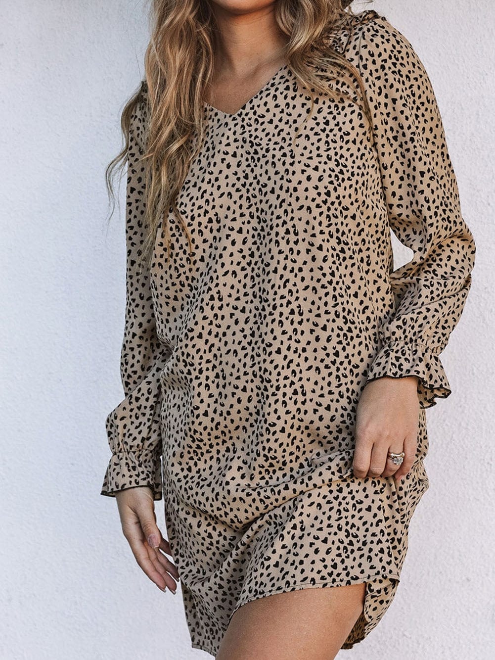 Leopard Print V-Neck Ruffle Trim Mini Dress