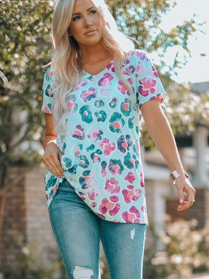 Leopard Print V-Neck Short Sleeve Tunic Dress