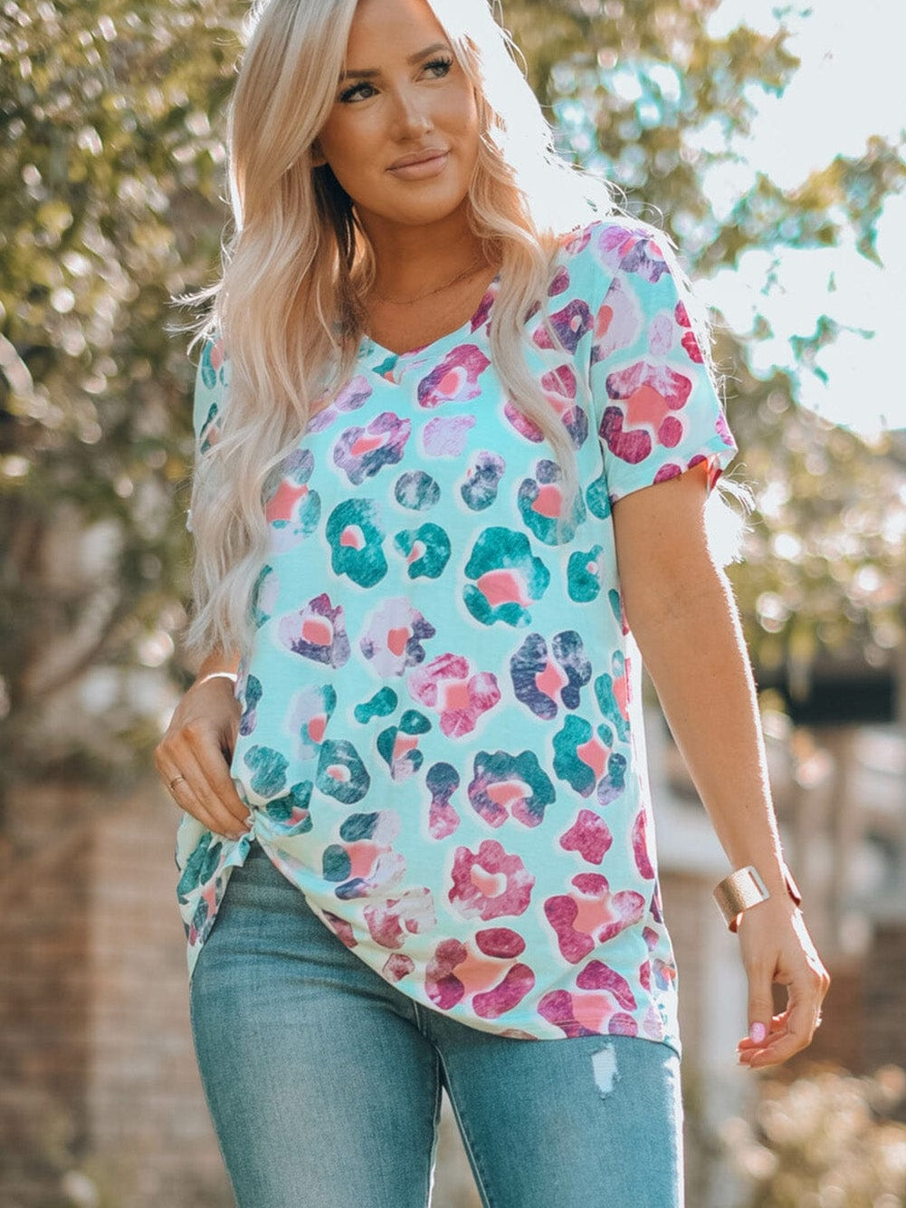 Leopard Print V-Neck Short Sleeve Tunic Dress