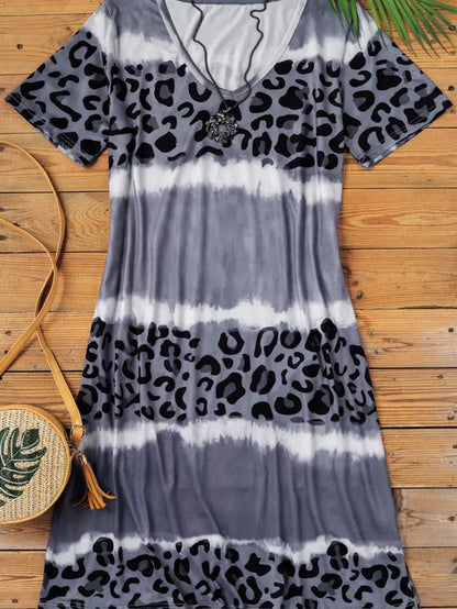 Leopard Print V-Neck T-shirt Dress with Tie-Dye Detail