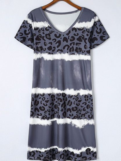 Leopard Print V-Neck T-shirt Dress with Tie-Dye Detail