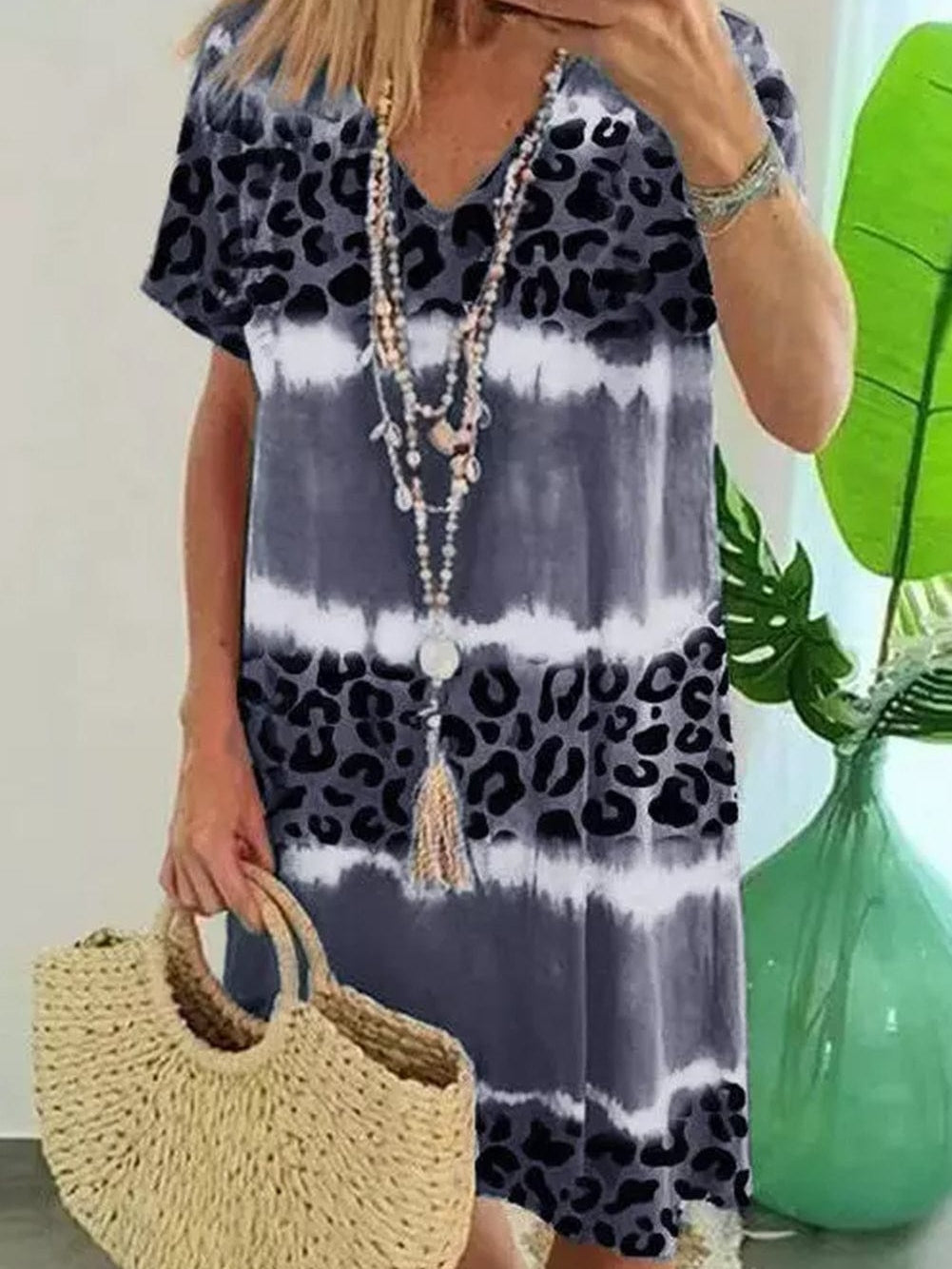 Leopard Print V-Neck T-shirt Dress with Tie-Dye Detail