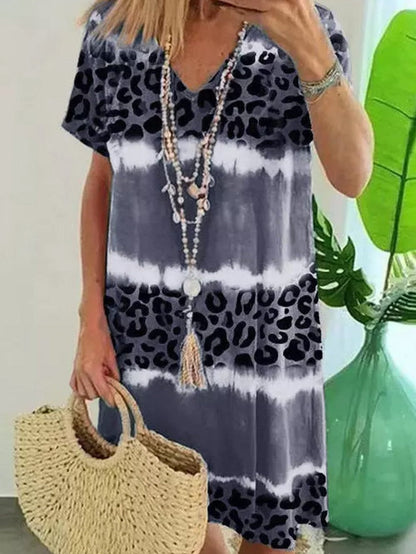 Leopard Print V-Neck T-shirt Dress with Tie-Dye Detail