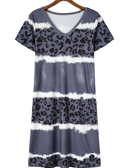 Leopard Print V-Neck T-shirt Dress with Tie-Dye Detail