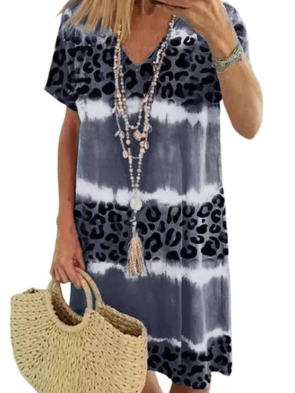 Leopard Print V-Neck T-shirt Dress with Tie-Dye Detail