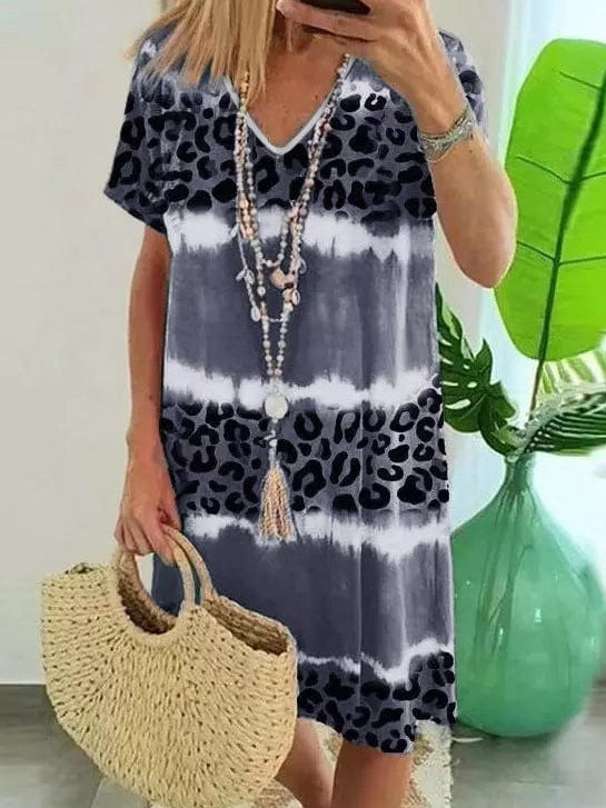 Leopard Print V-Neck T-shirt Dress with Tie-Dye Detail