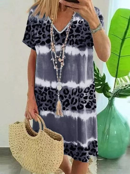 Leopard Print V-Neck T-shirt Dress with Tie-Dye Detail