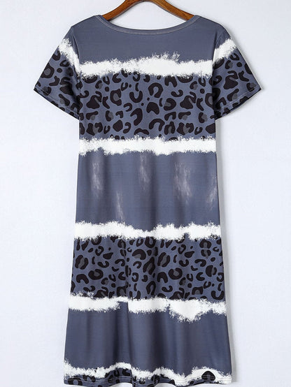 Leopard Print V-Neck T-shirt Dress with Tie-Dye Detail