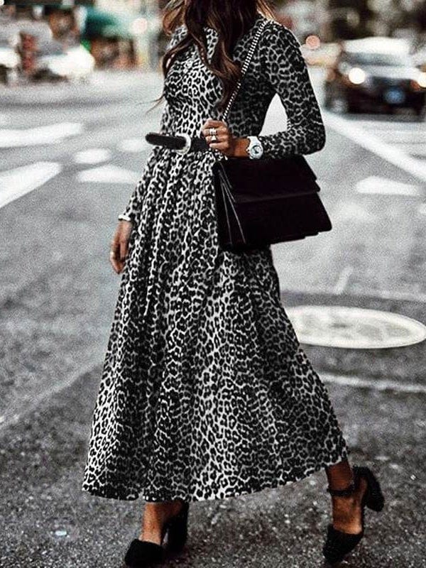 Leopard Print Vintage Round Neck Long Sleeve Dress