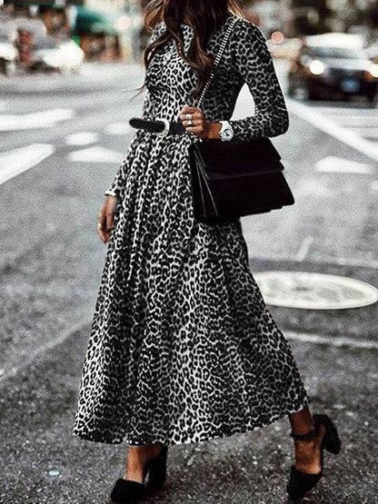 Leopard Print Vintage Round Neck Long Sleeve Dress