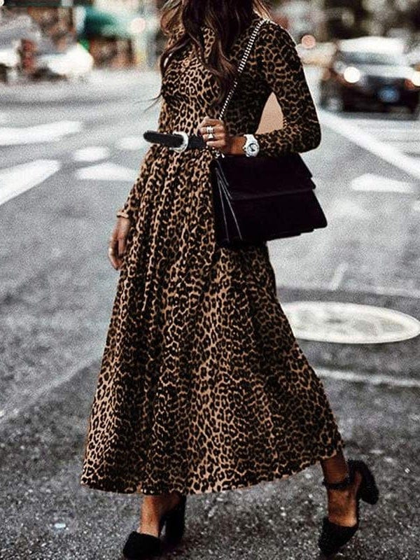 Leopard Print Vintage Round Neck Long Sleeve Dress