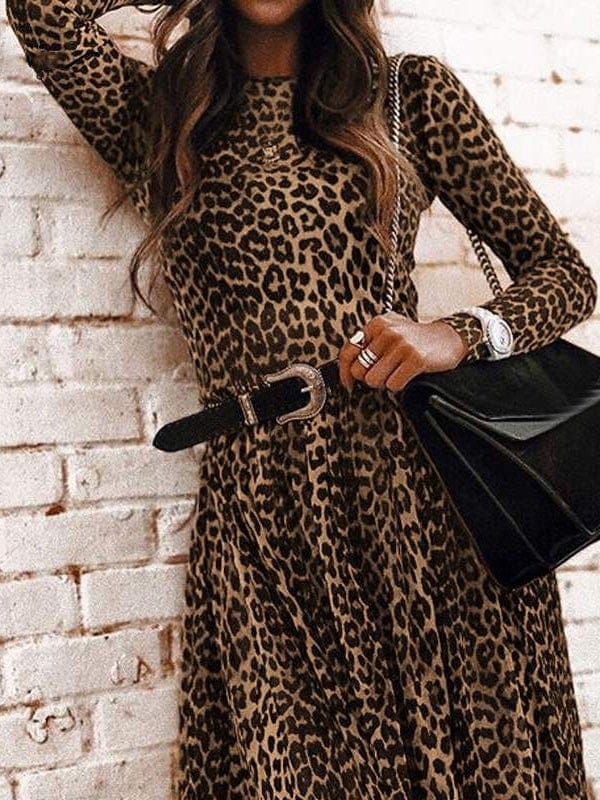 Leopard Print Vintage Round Neck Long Sleeve Dress