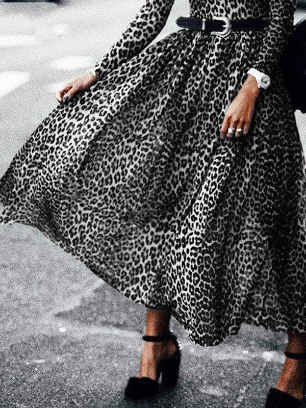 Leopard Print Vintage Round Neck Long Sleeve Dress