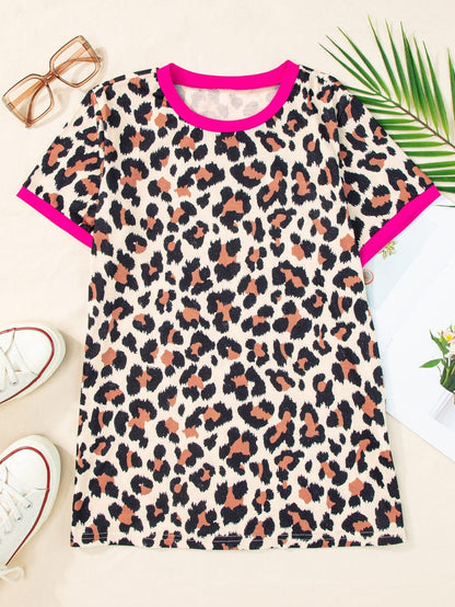 Leopard Print White T-Shirt with Chic Contrast Trim
