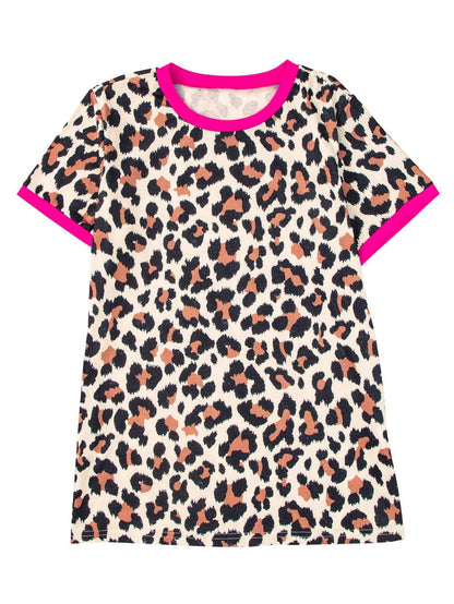 Leopard Print White T-Shirt with Chic Contrast Trim