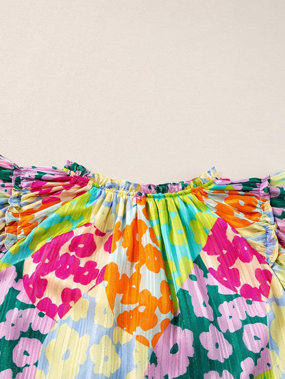 Leopard Ruffle Sleeve Crinkled Blouse with V Neck