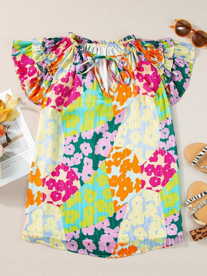 Leopard Ruffle Sleeve Crinkled Blouse with V Neck