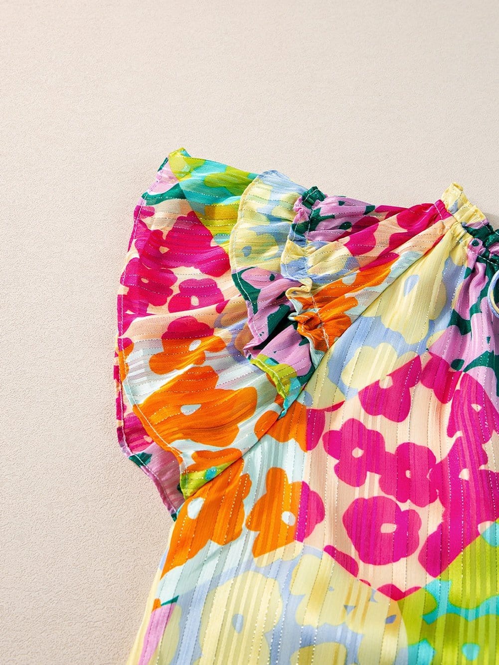 Leopard Ruffle Sleeve Crinkled Blouse with V Neck