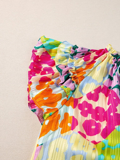 Leopard Ruffle Sleeve Crinkled Blouse with V Neck