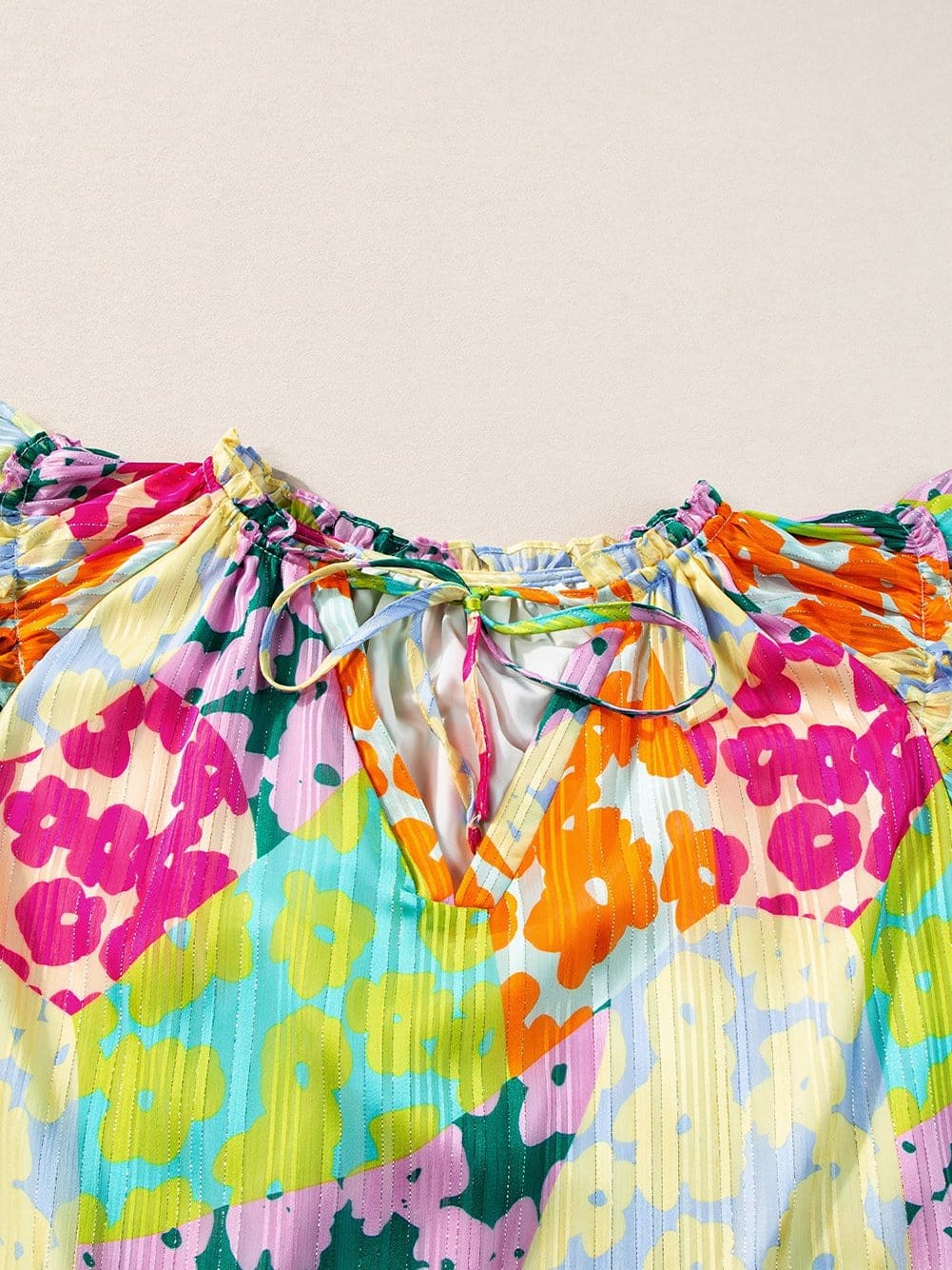 Leopard Ruffle Sleeve Crinkled Blouse with V Neck