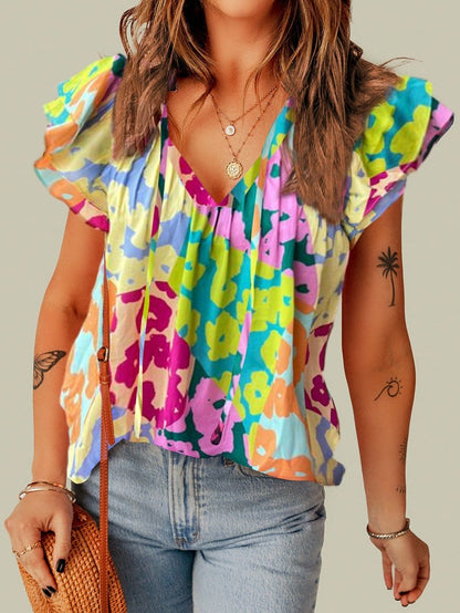 Leopard Ruffle Sleeve Crinkled Blouse with V Neck