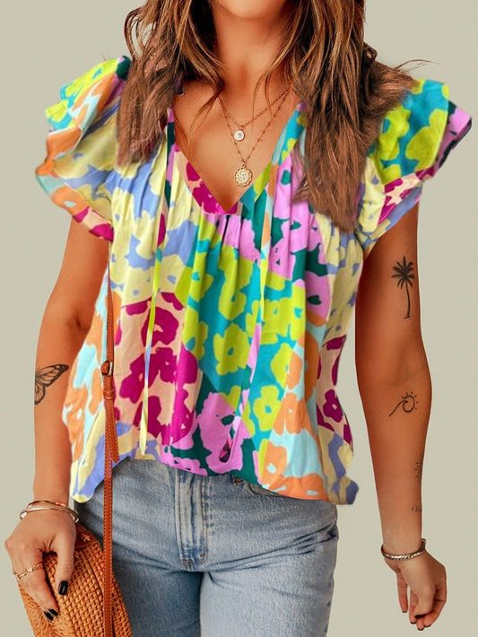 Leopard Ruffle Sleeve Crinkled Blouse with V Neck