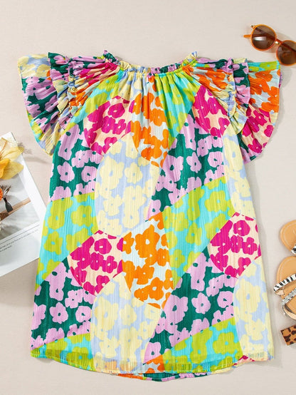 Leopard Ruffle Sleeve Crinkled Blouse with V Neck