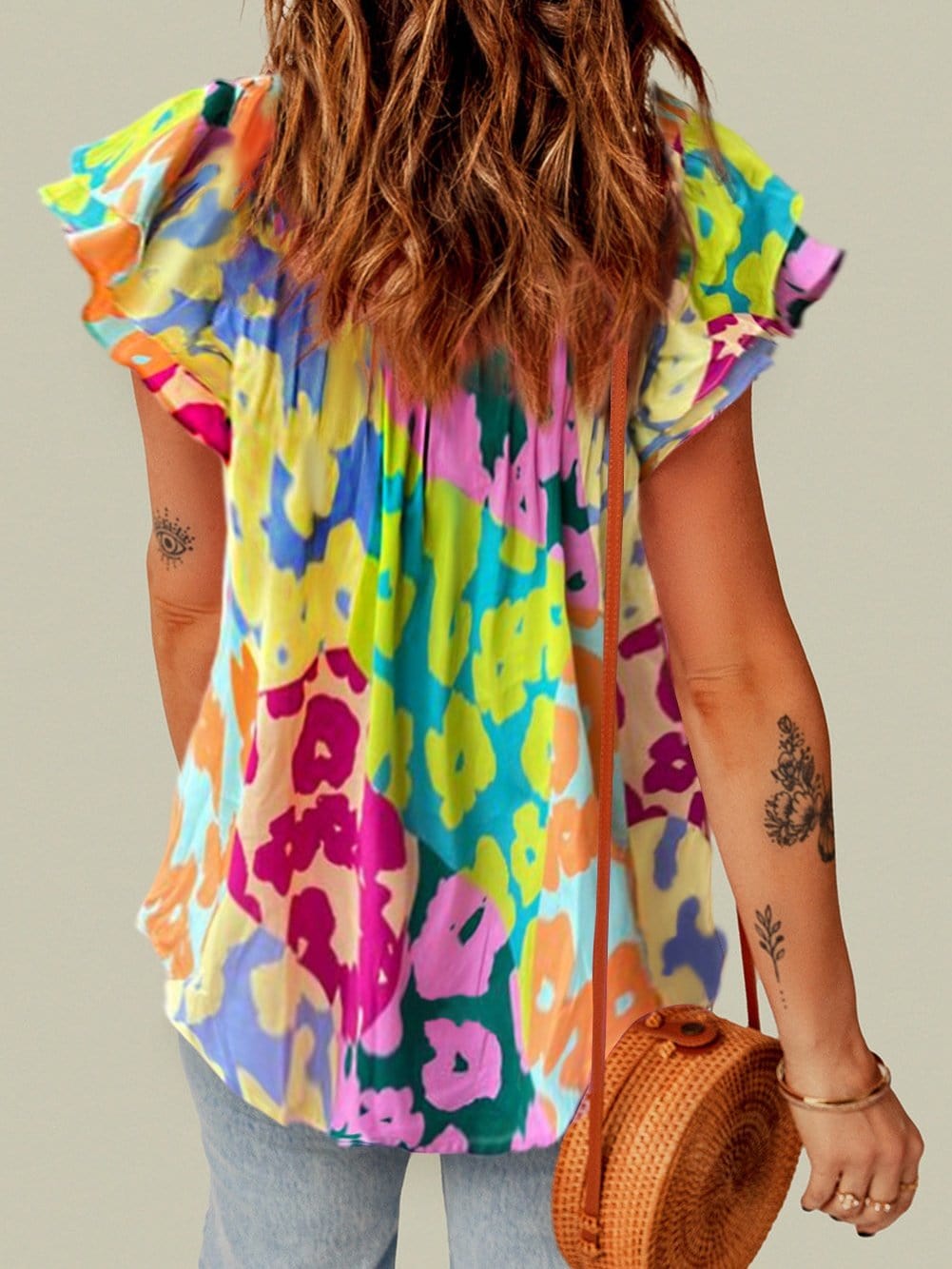 Leopard Ruffle Sleeve Crinkled Blouse with V Neck