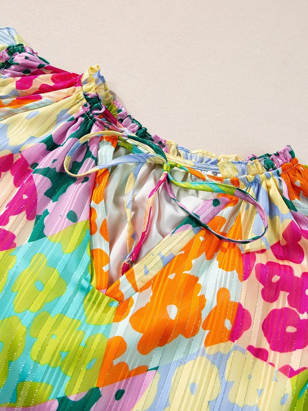 Leopard Ruffle Sleeve Crinkled Blouse with V Neck