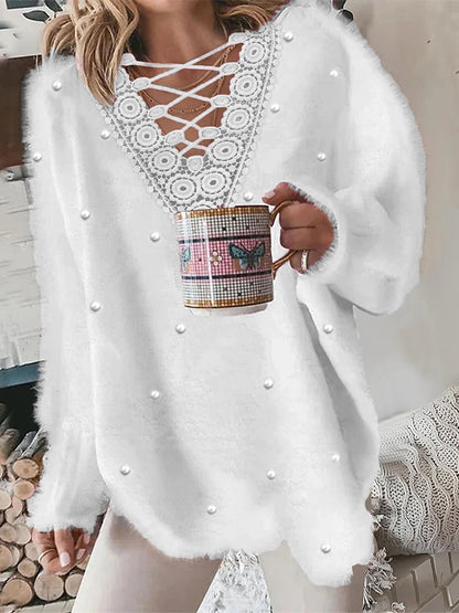 Women's Cardigan Sweater V Neck Fuzzy Knit Polyester Lace Trims Fall Winter Regular Outdoor Going out Weekend Stylish Casual Soft Long Sleeve Pure Color White Pink S M L