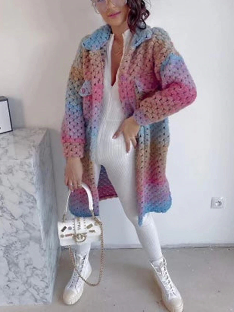 Women's Cardigan Sweater Shirt Collar Chunky Crochet Knit Polyester Pocket Knitted Fall Winter Long Outdoor Daily Going out Stylish Casual Soft Long Sleeve Color Gradient Purple S M L