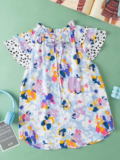 Light Blue Floral Flutter Sleeve V-Neck Blouse with Ruffle Details