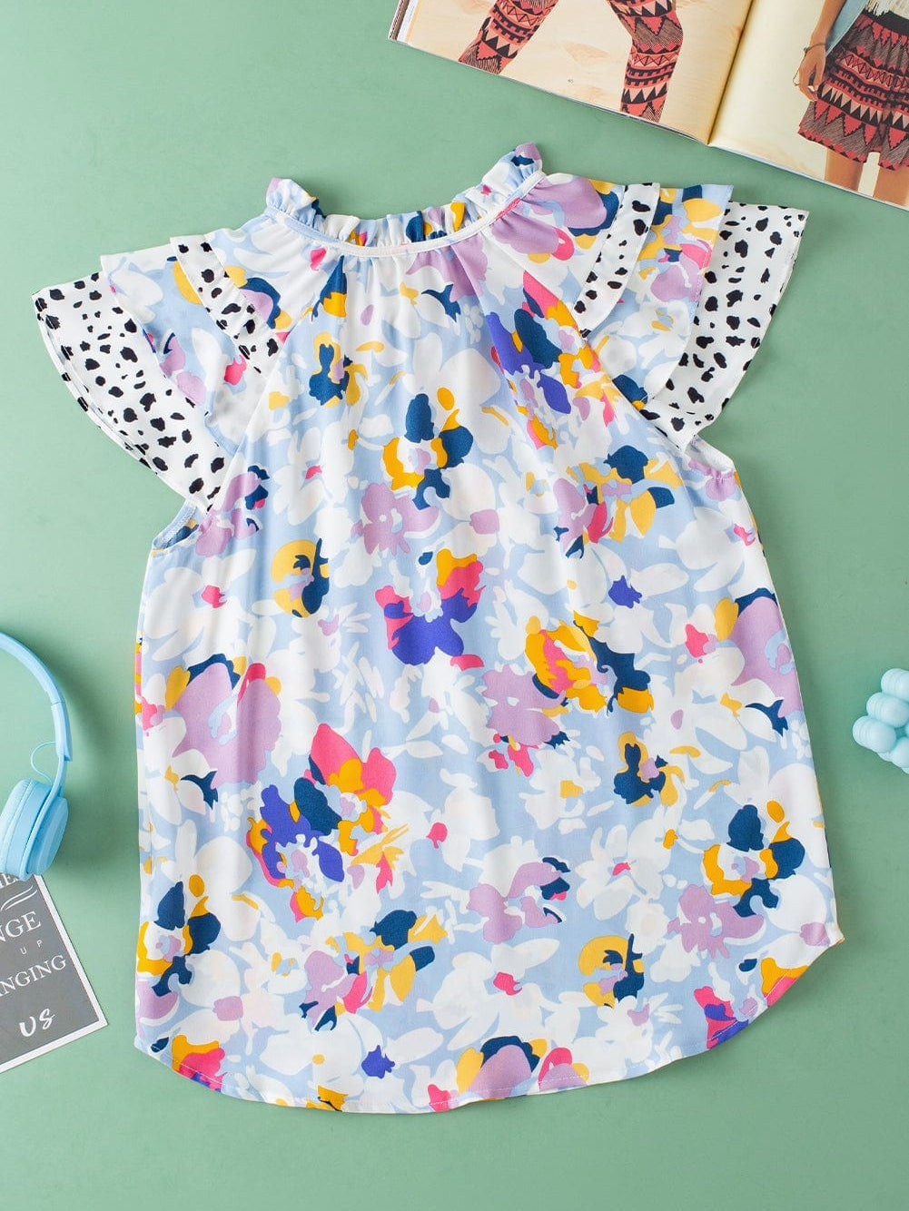 Light Blue Floral Flutter Sleeve V-Neck Blouse with Ruffle Details